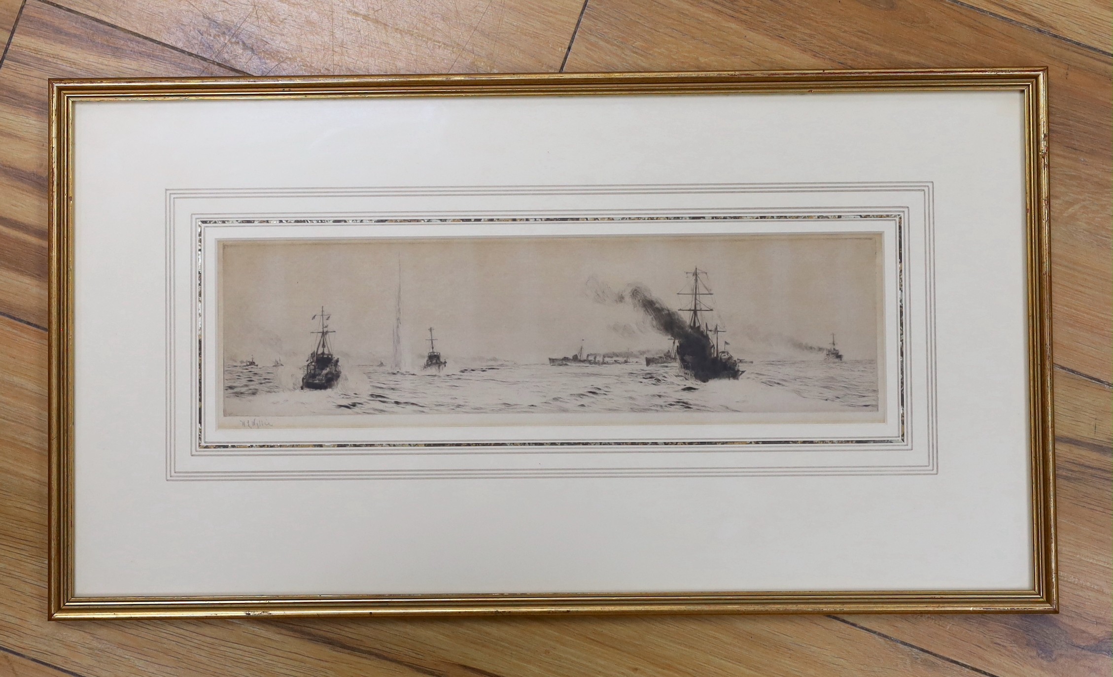 William Lionel Wyllie (1851-1931), drypoint etching, 'Torpedo boats hunting for U-boats (Battle of Jutland), signed in pencil, 9 x 33cm